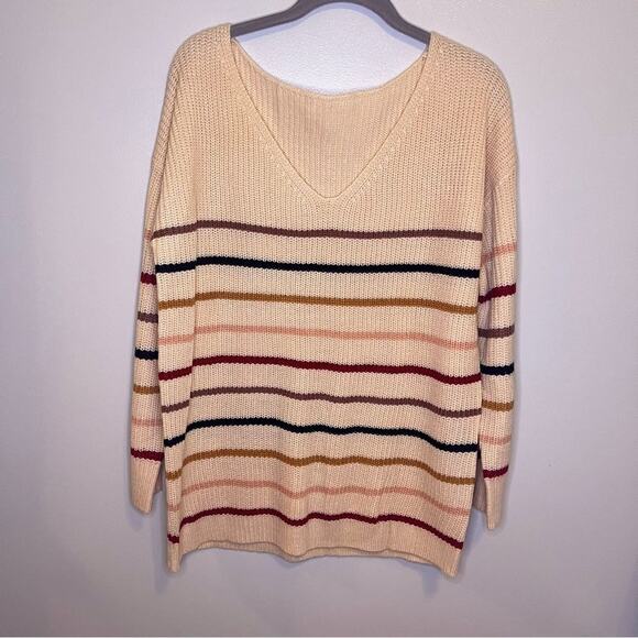 NWOT Amazon V Neck Cream Multicolor Striped Long Sleeve Acrylic Sweater Small - Picture 1 of 6